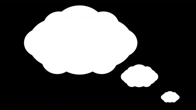 comic strip cartoon thought day dream speech bubble cloud 4K animation with transparent alpha channel background and several trailing bubbles pops up slightly from right