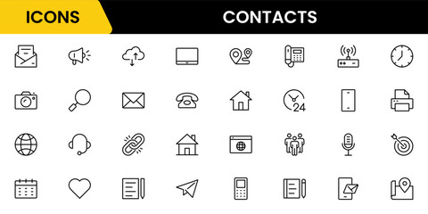 Contact us line icon set. Chat, name, address, email, message, phone, and more. Outline vector icon in linear style. Conceptual pictogram collection