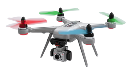 Flat illustrative drone with propellers showing modern aerial technology innovation and futuristic unmanned flying device isolated on white background
