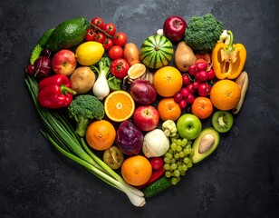 Heart-shaped arrangement of colorful fresh fruits and vegetables