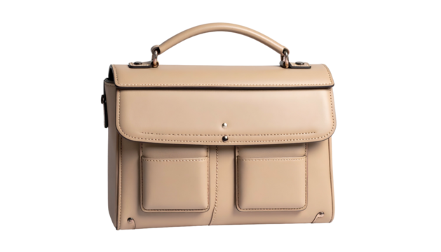 Beige leather satchel bag with handle, two pockets, metal clasp, isolated on black