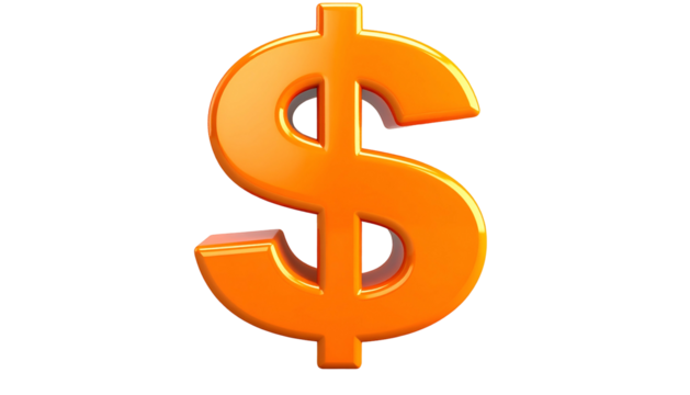 Shiny orange 3D dollar symbol against a black background, with light reflecting off of it
