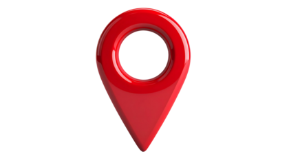A glossy, 3D rendered red pin marking a location against a stark black backdrop