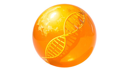 Bright orange globe with a DNA double helix, rendered in 3D against a black backdrop