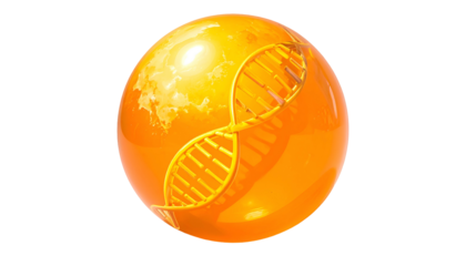 Bright orange globe with a DNA double helix, rendered in 3D against a black backdrop