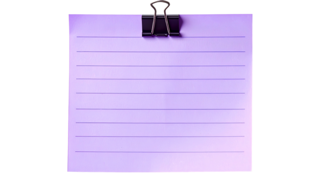 A lined, lavender paper sheet held by a binder clip against a black background