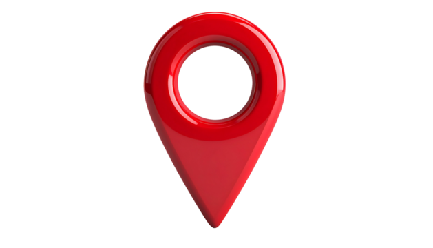 A glossy, 3D rendered red pin marking a location against a stark black backdrop
