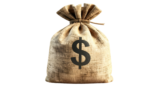 A burlap sack tied with a drawstring, displaying a large dollar sign on its front