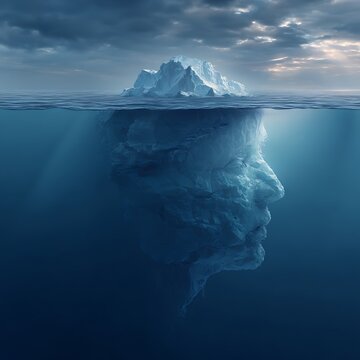 iceberg in open ocean, hidden massive part below the surface forming a human brain, concept of hidden emotions, cinematic lighting, realistic water texture, minimal clean composition 