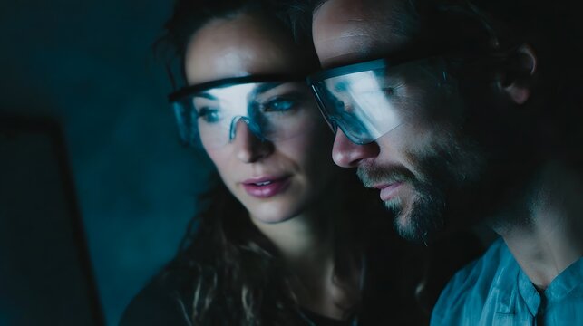 Two professionals wearing protective goggles intensely examine a glowing digital screen in a dark environment