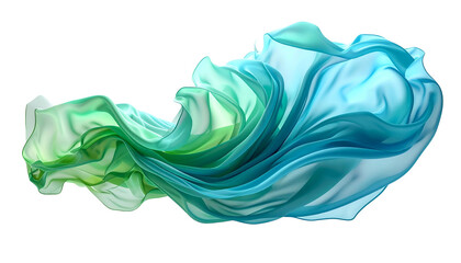 A flowing, ethereal fabric sculpture transitions from green to blue, set against a black backdrop
