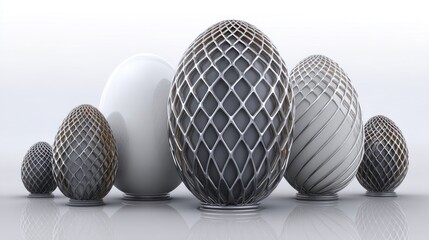 A row of stylized decorative eggs: some glossy white, others covered in an ornate metal or mesh shell.