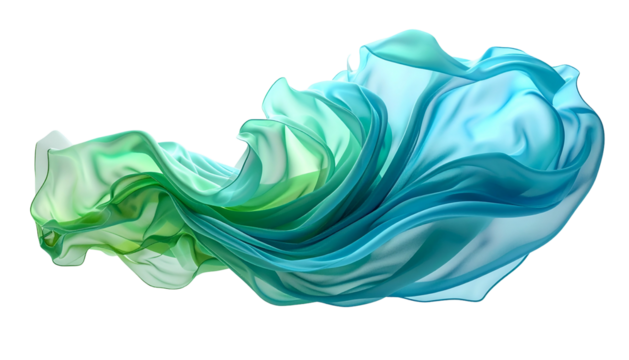 A flowing, ethereal fabric sculpture transitions from green to blue, set against a black backdrop - Powered by Adobe