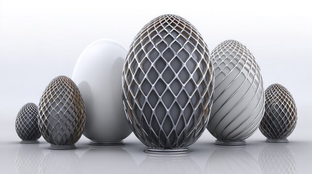 A row of stylized decorative eggs: some glossy white, others covered in an ornate metal or mesh shell.