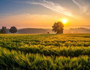 Golden sunrise over a field of tall green grass and scattered trees