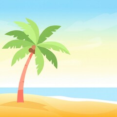 Minimal Tropical Beach with Palm Tree. Flat Vector Pastel Background.