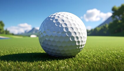 Obraz premium Golf ball on green grass with mountains in background.
