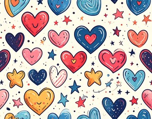 Whimsical illustration featuring hand-drawn hearts, stars and sparkles. A joyous and playful pattern suitable for various designs