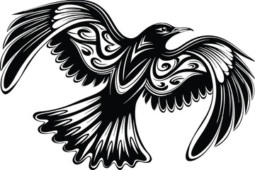 Ornately patterned stylized bird spreads its wings in a dramatic black and white presentation