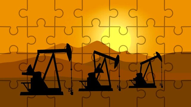 A jigsaw puzzle with evening landscape and three pumpjacks in action, animation