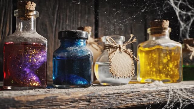Mysterious Magical Potions in Glass Bottles on a Dusty Shelf.