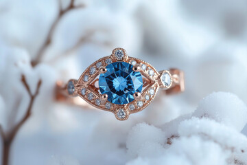 Elegant rose gold ring with blue diamond sparkling light