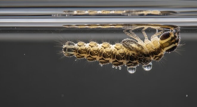 Macro view of a mosquito larva with segmented body and hairy antennae breathing air bubbles at the water surface, scientific detail