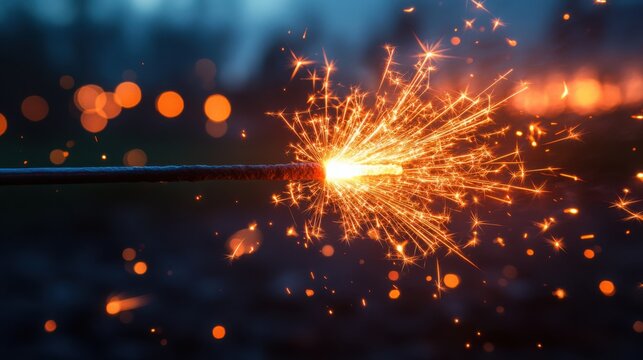 A sparkler emitting bright sparks against a blurred bokeh light backdrop