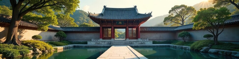 Serene scene at a Far Eastern temple, featuring intricate architecture, lush gardens, and peaceful atmosphere Perfect for meditation, spirituality, and cultural themes , nature, zen