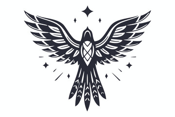 Stylized bird with outstretched wings and stars shows a symmetrical, geometric, and minimalist vector