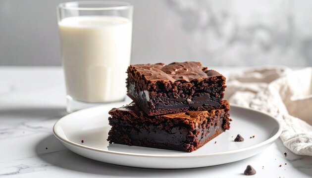 "Three rich, fudgy chocolate brownies stacked beside a glass of milk on parchment paper, evoking comfort and indulgence."