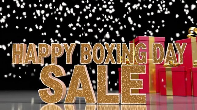 3D render of  Happy Boxing Day gold embossed text on reflective black background, surrounded by luxury gift boxes