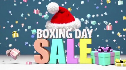 cute 3D animated render of colorful Boxing Day Sale text with Santa hat and flying presents, snow animation background, soft pastel tone, happy winter vibe - Powered by Adobe