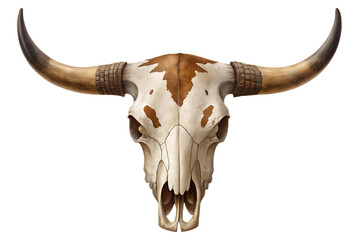 Front view of a cow or bull skull with brown markings and large curved horns, isolated on a transparent PNG background. Ideal for Western-themed designs, cowboy graphics, tattoo art, rustic decor mock