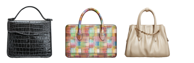 Three handbags of different styles against a black background. Each with top handles, and one with a chain