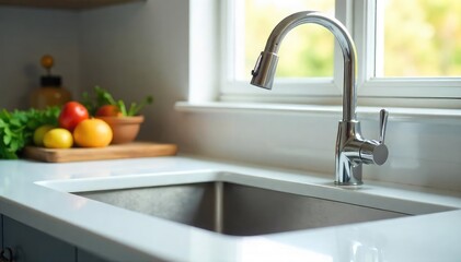 A sparkling clean kitchen sink, gleaming chrome faucet, and spotless countertop showcase the results of thorough housework cleaning Ready for the next meal preparation , healthy, water, shiny