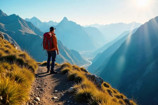 A lone hiker pauses on a mountain trail, taking in the breathtaking vista Sunlight bathes the scene, highlighting the rugged terrain and the vast expanse of nature , summit, horizon