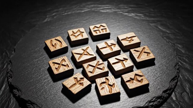 Mysterious Wooden Runes Scattered on Dark Surface.