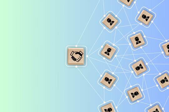 Business partnership and collaboration concept. A central handshake icon on a wooden block connects to a network of people icons, symbolizing teamwork, agreement, networking, and successful deals.