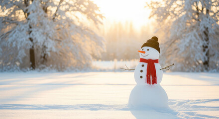 Obraz premium Charming snowman in a red scarf and hat standing in a snowy forest illuminated by morning sunlight, ideal for festive holiday greetings, winter advertising, and cheerful seasonal visuals.
