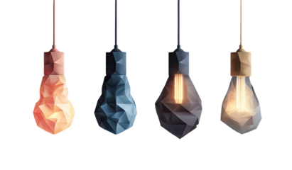 Low-poly geometric light bulbs hang against a black backdrop, illuminated in different hues