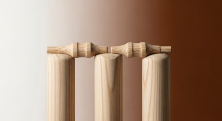 Close-up capture of cricket wickets and bails showcasing wood grain detail