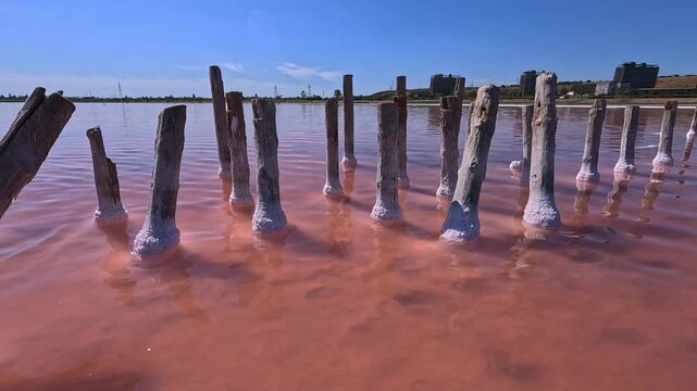 Sodium Chloride crystallized on the bottom and wooden poles
