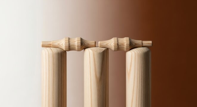 Close-up capture of cricket wickets and bails showcasing wood grain detail - Powered by Adobe