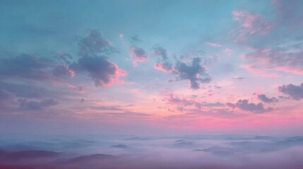 Obraz premium Soft Dreamy Clouds and Mist Blending in Light at Dusk Over Minimal Landscape