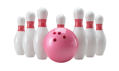 A pink bowling ball with finger holes sits among white bowling pins with red stripes