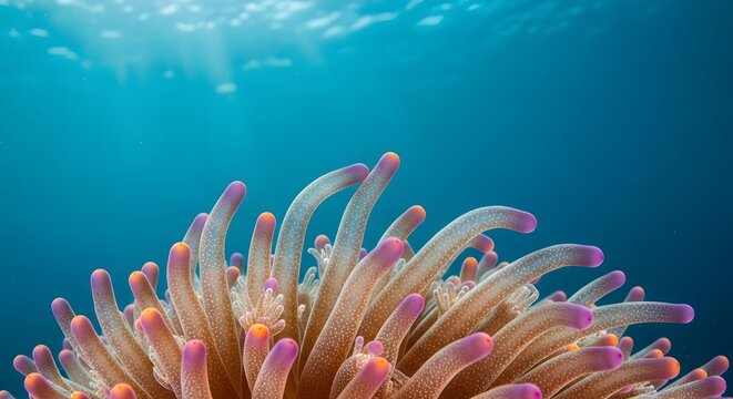 Captivating underwater close-up reveals vibrant sea anemone tentacles swaying gently in clear blue ocean water with sun rays piercing the surface.