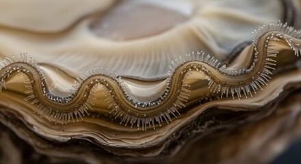 Obraz premium Stunning extreme close-up reveals intricate textures and delicate details of a seashell's undulating edge, showcasing nature's artistry