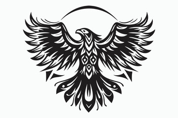 Stylized eagle soars majestically with its symmetrical wings outstretched in ornate form
