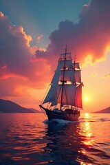 Fototapeta premium A majestic sailing ship glides across a tranquil ocean under a vibrant sunset, its sails billowing in the gentle breeze, a breathtaking scene of nautical beauty , nature, ship